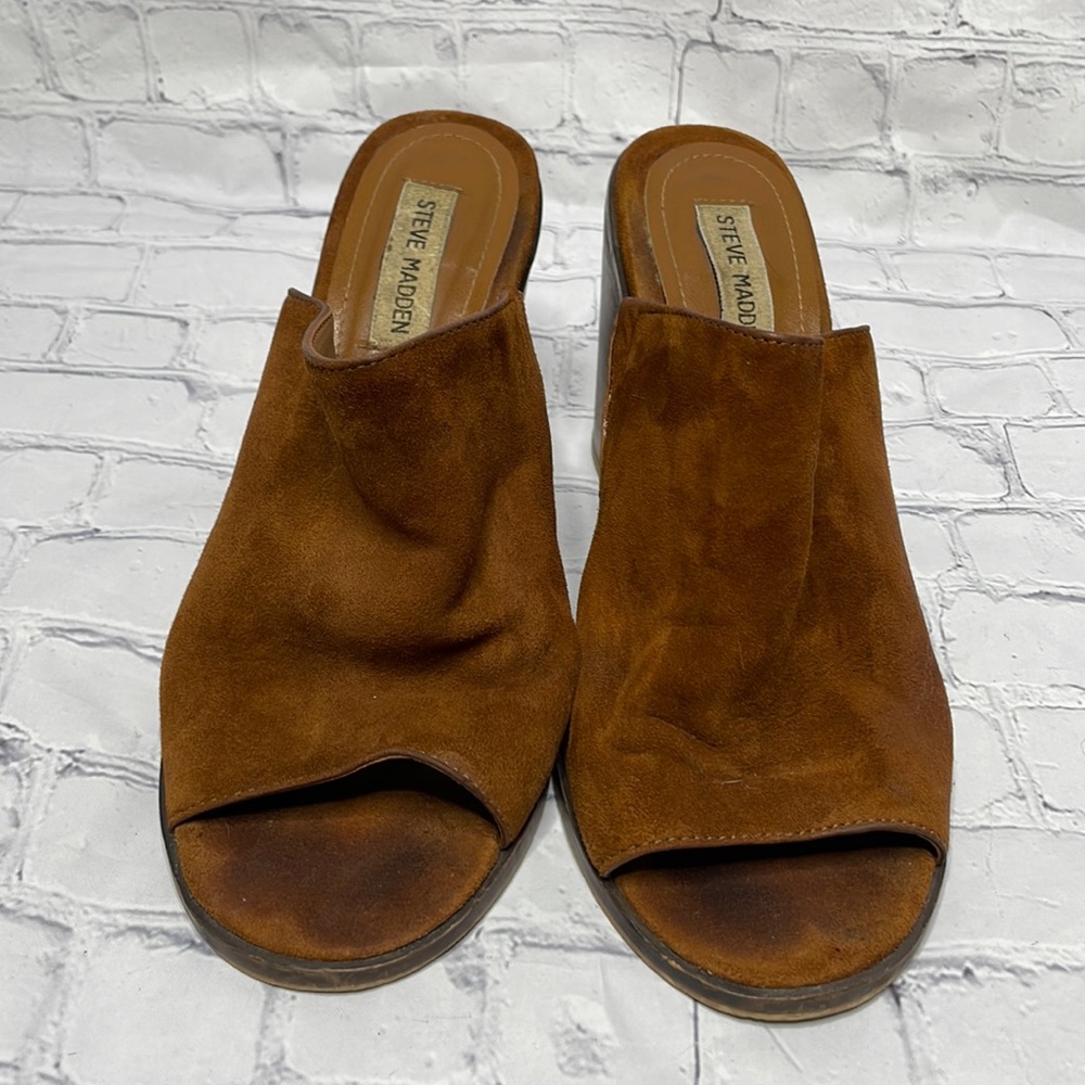 Steve Madden Krizia Size 9 Tan Suede Leather Chunky Heel Open Toe Mule Shoes - Picture 4 of 9
